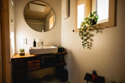 a bathroom with a sink and a mirror at Nature Living Koralpe in Sankt Stefan im Lavanttal