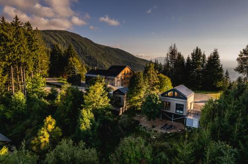 an aerial view of a house in the mountains at Nature Living Koralpe in Sankt Stefan im Lavanttal