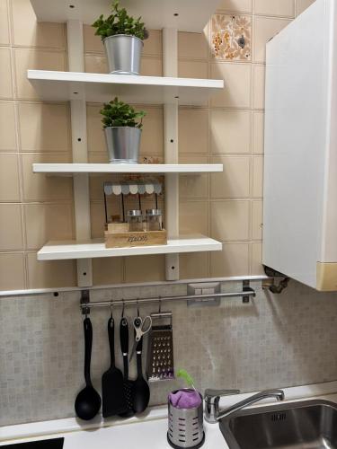 a kitchen counter with white shelves and a sink at Novate Fiera in Novate Milanese