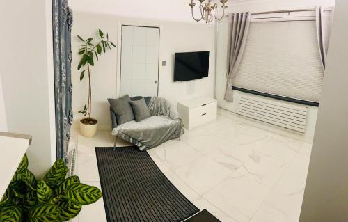 a living room with a couch and a tv at Luxury studio apartment, Beckenham in Elmers End