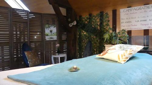 a bed with a blue blanket and a pillow on it at Séjour Bien-Être et Saveurs Bio, au calme avec vue sur la vallée, près du Mont Saint Michel in Braffais