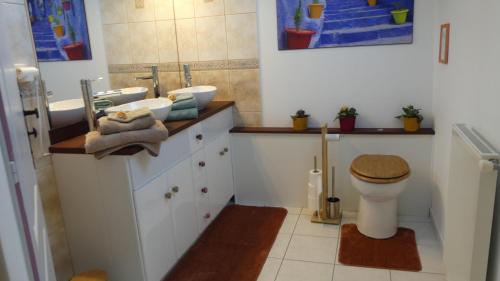 a bathroom with a sink and a toilet in it at Séjour Bien-Être et Saveurs Bio, au calme avec vue sur la vallée, près du Mont Saint Michel in Braffais