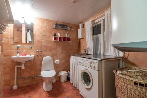 a bathroom with a toilet and a sink and a washing machine at VGO860-Tranemo-Ryda-Ryfors-kvarn-1 in Östra Ryda