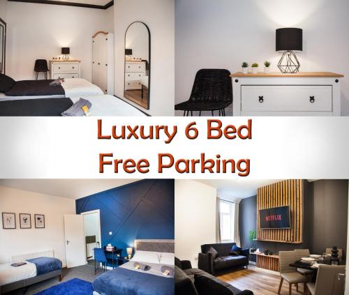 a collage of photos of a bedroom and a living room at Entire Modern Home in Manchester and Near Peak District in Manchester