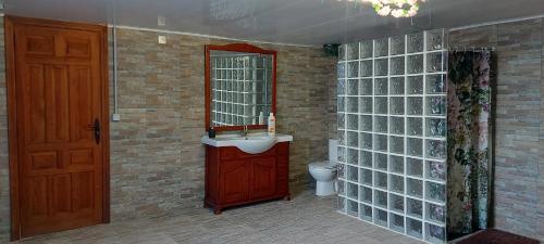 ein Badezimmer mit Waschbecken, Toilette und Spiegel in der Unterkunft Habitación,Piscina y Jardín in Azuqueca de Henares