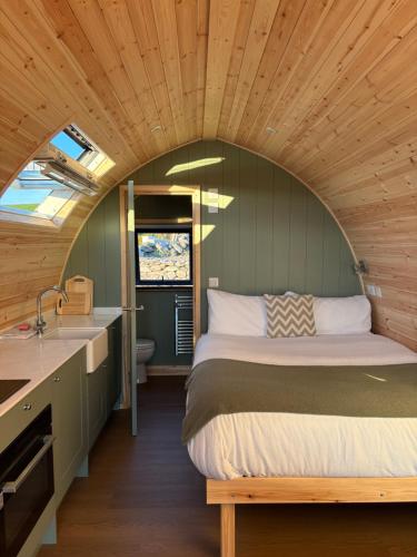 a bedroom with a bed and a sink in a room at LUXURY POD - Hidden Hills Waterville Farm in Waterville