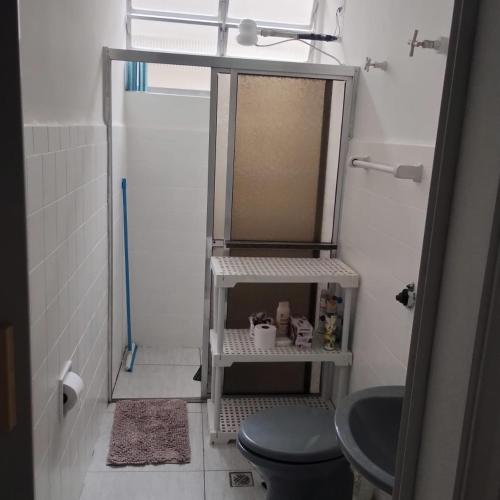 a small bathroom with a toilet and a mirror at Apto a 100 mts da praia no Canto do forte com 1 vaga in Praia Grande