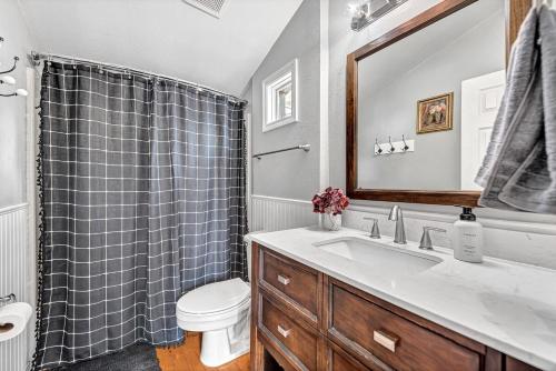 une salle de bain avec un lavabo, des toilettes et une douche dans l'établissement The Oak Cottage, à Siloam Springs