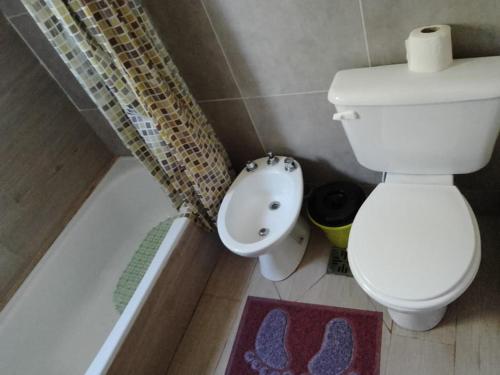 a bathroom with a toilet and a tub with a shower curtain at Alojamiento El Pucará in San Antonio de Arredondo