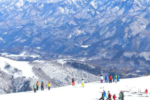 a group of people standing on top of a snow covered mountain at 信州安曇野穂高温泉郷　旅館　山のたこ平 in Azumino