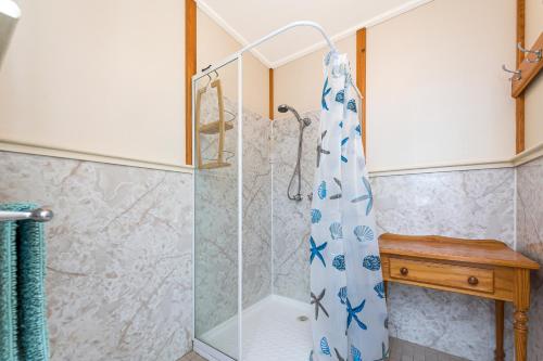 a shower with a shower curtain in a bathroom at Ocean Vista Large Modern Home With Ocean Views in Guilderton