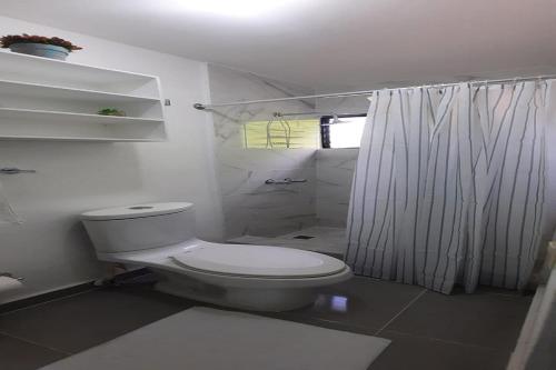 a white bathroom with a toilet and a shower at Puerto Plata Home in San Felipe de Puerto Plata