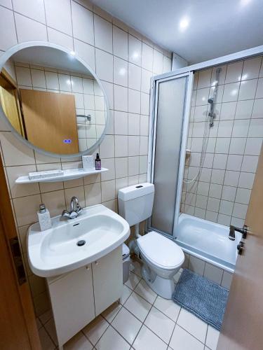 a bathroom with a sink and a toilet and a mirror at Appartement Bayerisch Eisenstein in Bayerisch Eisenstein