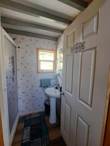 a bathroom with a sink and a toilet and a door at Cabañas Atardecer Fandango in Chaitén
