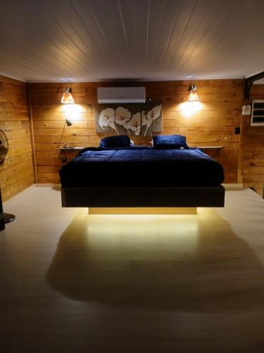 a bedroom with a bed with two lights on it at El recobeco in Artigas