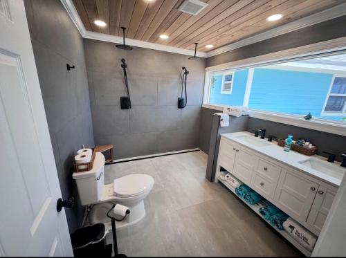 a bathroom with a toilet and a sink and a shower at The Calm Water Villas in Georgetown