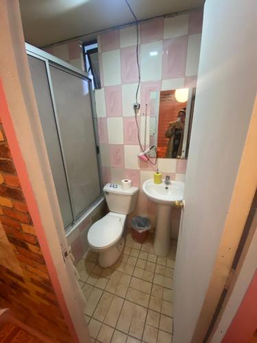 a bathroom with a toilet and a sink at Hotel del valle San Miguel 530 in Melipilla