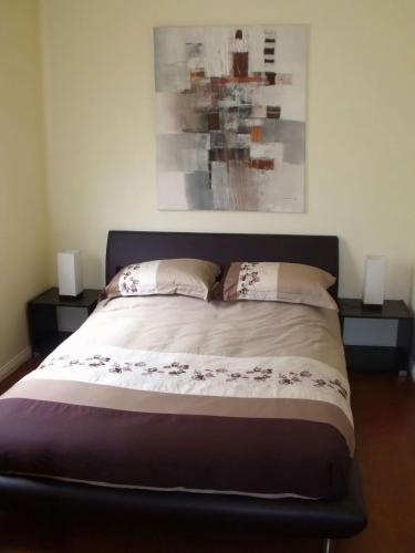 a bed with two pillows and a painting on the wall at Emada Venus Bay in Venus Bay