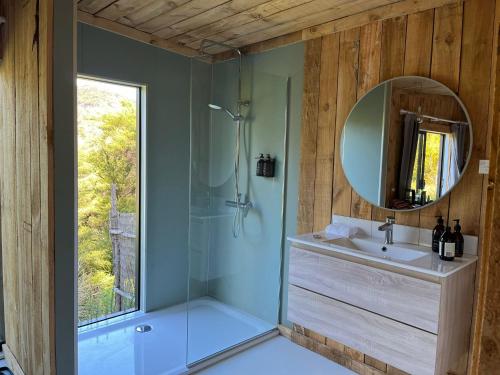 a bathroom with a shower and a sink and a mirror at Parohe Island Retreat in Auckland