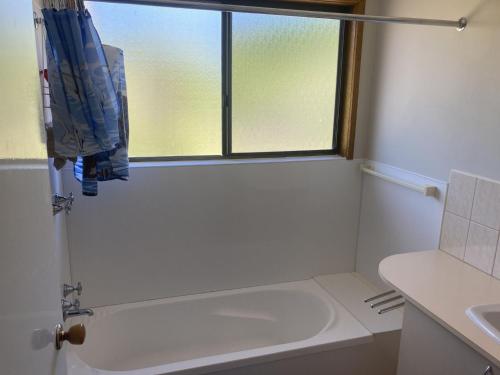 une salle de bain avec une baignoire, un lavabo et une fenêtre dans l'établissement Jupiter 69, à Evergreen