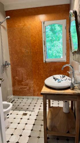 a bathroom with a sink and a toilet and a window at Cabañas Hacia El Sur in El Hoyo