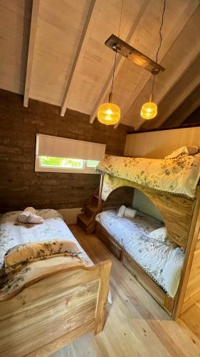 two beds in a room with wooden walls at Cabañas Hacia El Sur in El Hoyo