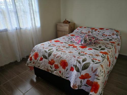 a bedroom with a bed with a flowered comforter at Finca La Preciosura in Horizonte