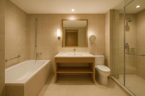 a bathroom with a tub and a sink and a toilet at Busan Seomyeon Nestly Hotel in Busan