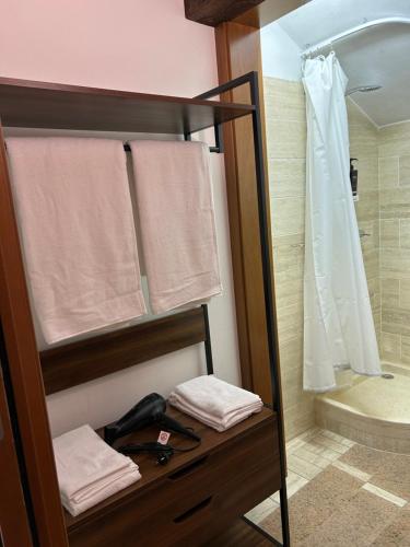 a bathroom with a shower and towels on a shelf at Taverna La Torre in Bassano del Grappa