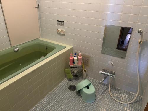a bathroom with a green tub and a toilet at ペンションとも in Nosakada