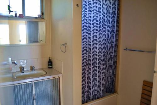 une salle de bain avec un lavabo et un rideau de douche dans l'établissement Treetops, à Evergreen