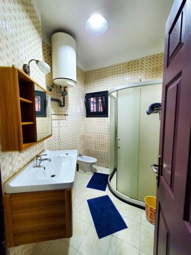 a bathroom with a sink and a shower at Les Alizés appartement meublé 1, alimenté par énergie solaire in Toamasina