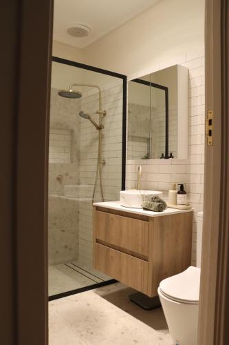 a bathroom with a shower and a sink and a toilet at Vale & Vine in McLaren Vale