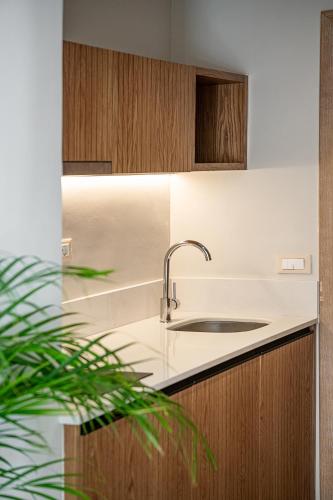 a kitchen with a sink and wooden cabinets at Okeanis Golden Resort in Kato Daratso