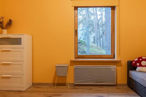 a bedroom with a window and a bed and a dresser at Gauja forest retreat in Gauja