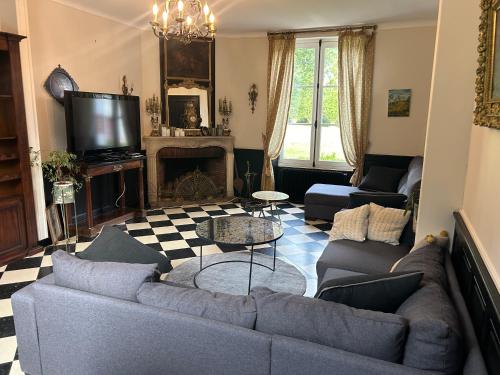 ein Wohnzimmer mit Sofa und Fernseher in der Unterkunft domaine de la chapelliere 32 pers in Crouy-sur-Cosson