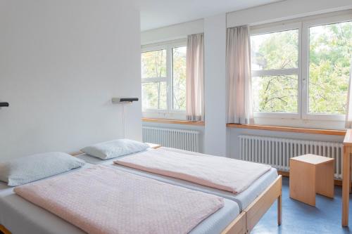 a white bedroom with a bed and two windows at Zurich Youth Hostel in Zürich