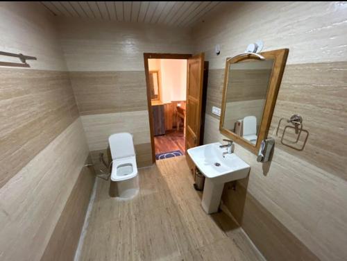 a bathroom with a sink and a toilet and a mirror at Yellow Stone Cottage and Cafe in Jibhi