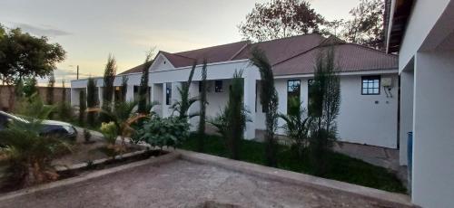 a white house with plants in front of it at Off Airport Kilimanjaro lodge in Boma la Ngombe
