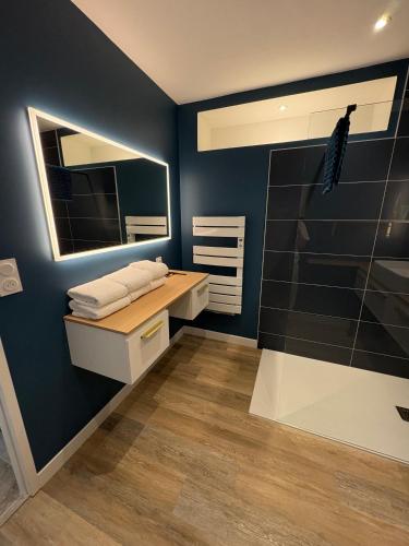 a bathroom with a sink and a mirror at Le Chai des Poilanes in Liré