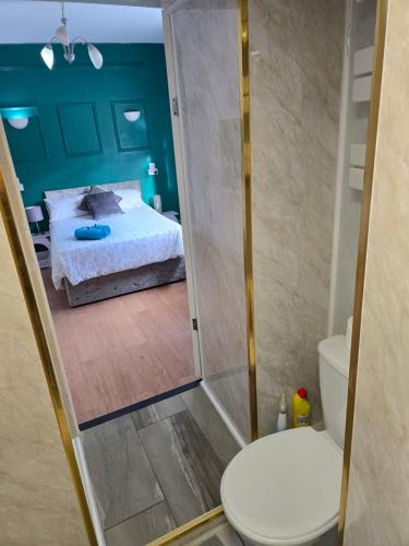 a bathroom with a shower with a bed and a toilet at Spacious Double Room in Anfield in Liverpool