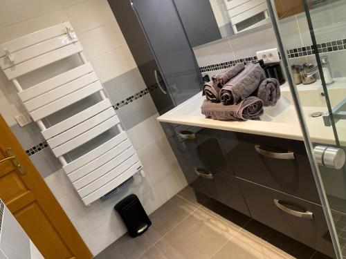 Villiers-le-MorhierにあるQuite Houseの洗面台、鏡、タオルを備えたバスルーム