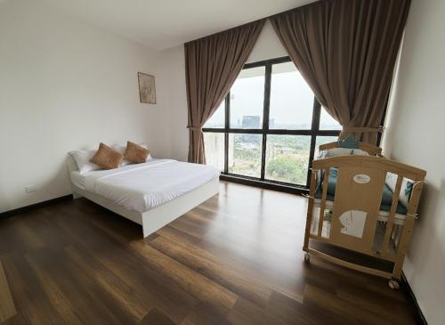 a bedroom with a white bed and a large window at Cream Nest Minimalist 2BR 4 pax Medini Legoland in Iskandar Puteri
