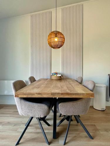 a dining room table with chairs and a light fixture at Farmhouse Bintje met Airco in Westdorpe