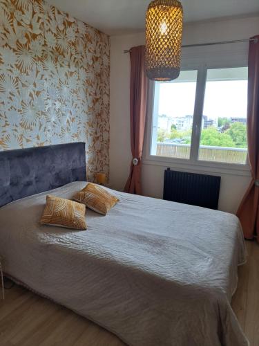 a bedroom with a bed with two pillows and a window at Les grands prés in Aytré