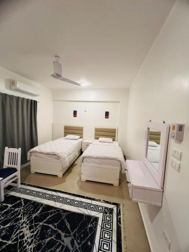 a bedroom with two beds and a mirror at Twins Villa Luxor in Luxor