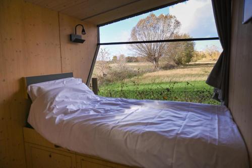 Una cama en una habitación pequeña con ventana. en Sleep Space 2 - Green&Tiny Spot Osterwieck Birkenmühle, en Osterwieck