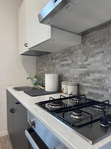 a kitchen with a stove and a counter top at Da Vinci Apartment in Lavezzola