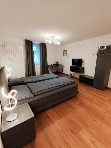 a large bedroom with a bed and a television at B&B Berninapass Poschiavo Panorama in Poschiavo