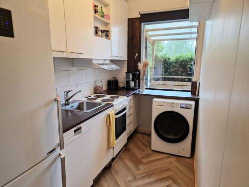 a small kitchen with a sink and a dishwasher at Golden apartment- parking, wifi and sauna in Raisio